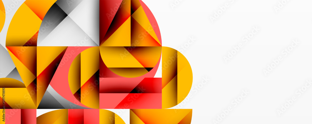 Aufkleber Abstract geometric composition. Overlapping shapes create dynamic visual effect. Warm colors dominate, contrasted by cool grays. Modern design element.