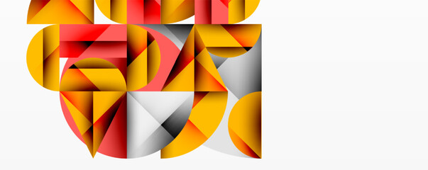 Obraz premium Abstract geometric composition. Overlapping shapes create dynamic visual effect. Warm reds, yellows contrast with cool grays, whites. Modern design element.