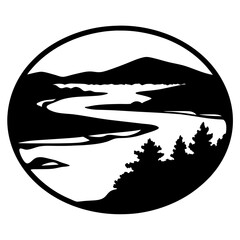 Scenic River Landscape in a Circular Frame Black and White Illustration