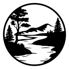 Serene Mountain River Landscape in a Circular Frame Black and White Illustration