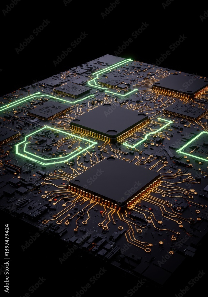 Poster intricate circuit board: a close-up view of modern technology's microprocessors and neon pathways