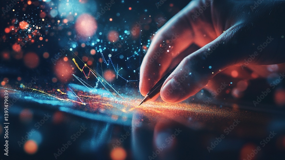 Poster hand taking notes on forex graph with dynamic overlaid effects