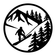 Snowboarder riding down snowy mountain slope surrounded by pine trees winter sports extreme action