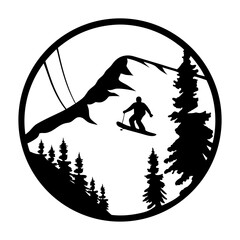 Skiing Silhouette in a Circular Mountain Landscape with Evergreen Trees