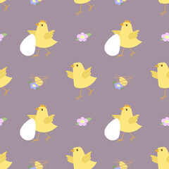 A cartoon vector illustration of easter theme seamless pattern background with easter eggs, easter chicks, spring flowers, tulips and more. Seamless vector pattern with cute chicks, flowers, eggs on a
