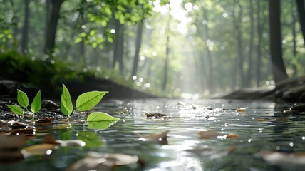 Fototapeta premium Serene forest stream with lush greenery and sunlight filtering through the trees.
