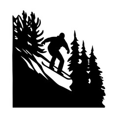 Silhouette of a Skier Descending a Snowy Mountain Slope Surrounded by Majestic Evergreen Trees