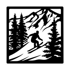 A Skier Descending a Snowy Mountain Slope Amidst Tall Evergreen Trees in a Black and White Graphic Illustration