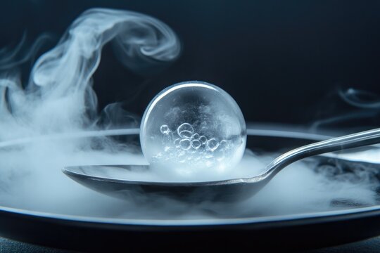 Translucent sphere resting on spoon, surrounded by swirling vapo