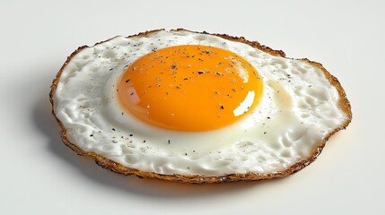 A single fried egg with a bright yellow yolk and crispy edges on a plain white background surface