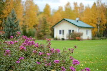 Serene and colorful garden with white house, manicured lawn, and autumnal trees under overcast sky