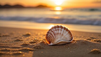 Close-up of a patterned seashell on sandy beach during sunset with bokeh light effects.