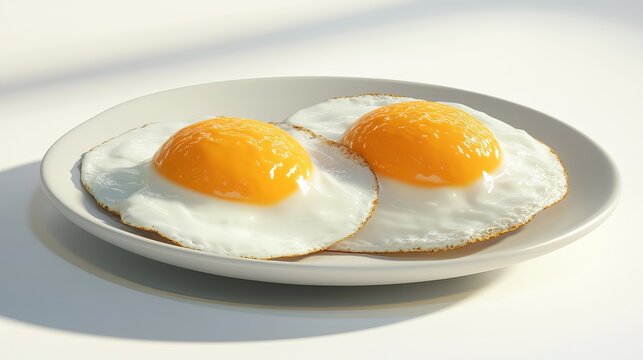 Two sunny side up eggs on a white plate with bright lighting creating a minimalist aesthetic look