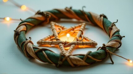 Festive wicker star wreath with glowing lights on pale background.