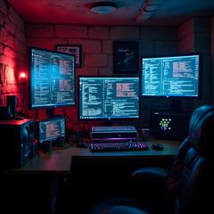 Step into a high-tech hacker workspace designed for cinematic projects, digital content creation, and futuristic design needs. This realistic hacker scene features a dark and moody environment,