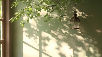 Vintage Lantern Hanging from Green Leafy Branch Casting Shadows on Light Green Wall by Window in Natural Light
