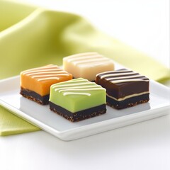 Square layered pastel chocolates arranged on white dish with minimal dessert styling capturing candy box presentation and soft gourmet chocolate design concept