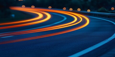 Night road curves, light trails, dark background.  Speed, journey, travel concept