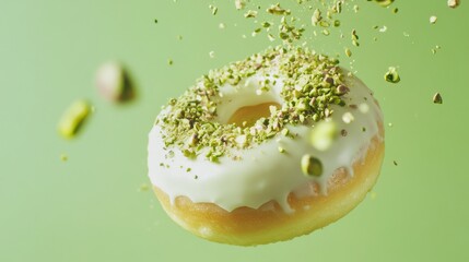 Delicious pistachio donut floating on a green background with crushed nuts in the air, creating a whimsical and appetizing effect
