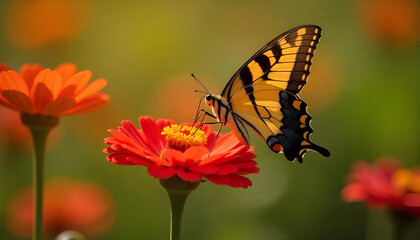 Obraz premium Tiger Swallowtail Buttherfly on Zinnia Flower