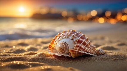 Close-up of a patterned seashell on sandy beach during sunset with bokeh light effects.