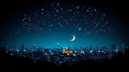 Naklejka premium Night city skyline, crescent moon, star connections