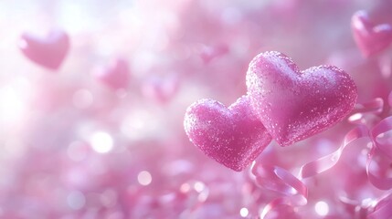 Obraz premium A Romantic Valentine's Day Hearts Background, Pink Glitter Hearts and Ribbons