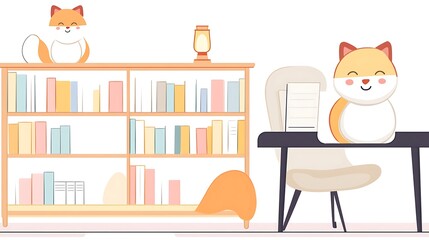 A cozy home office space with bookshelves and a cute fox figurine.