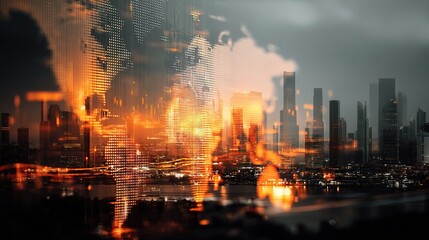 Obraz premium Futuristic City Skyline Blending with Digital Elements in Dusk
