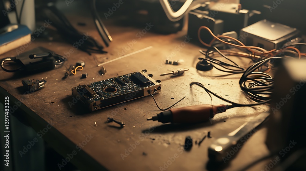 Poster a cluttered workbench filled with various electronic components and tools showcasing an atmosphere o