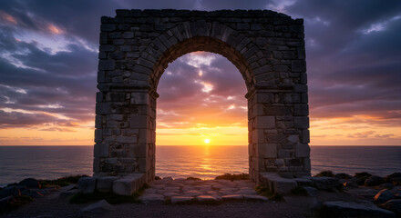 Ancient Stone Archway At Sunset Over Ocean