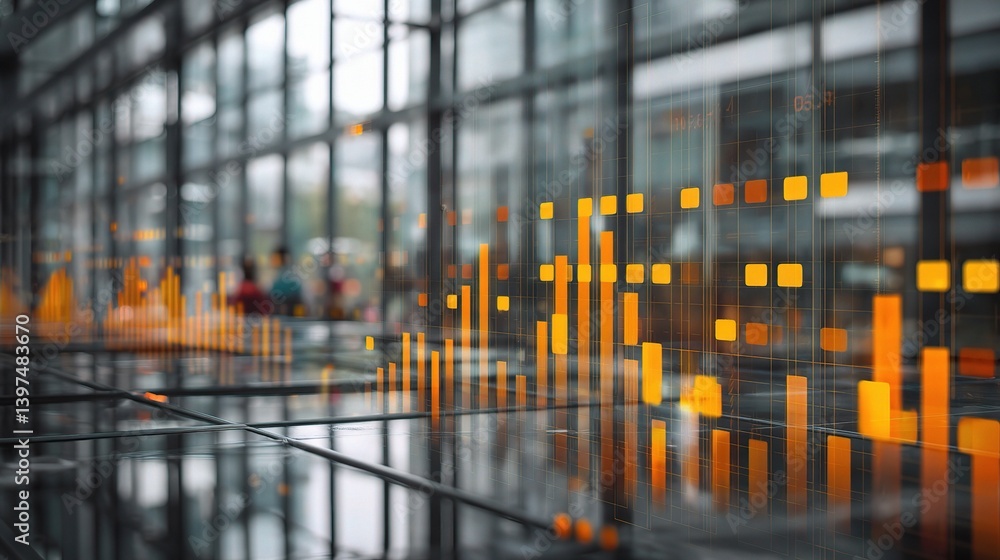 Poster orange financial data visualization with bar graphs and tables