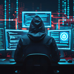 Step into a high-tech hacker workspace designed for cinematic projects, digital content creation, and futuristic design needs. This realistic hacker scene features a dark and moody environment,