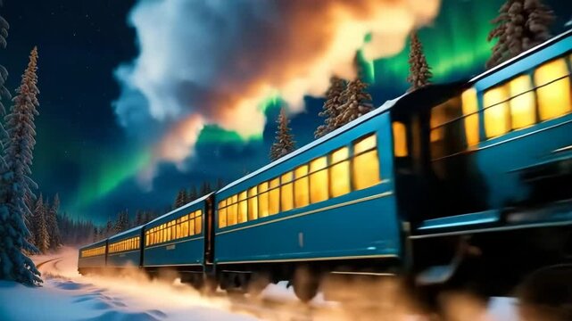 Polar Express rushes through snowy landscape towards the North Pole under shimmering northern lights