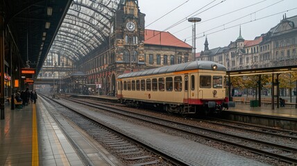 Obraz premium Vintage Train at a Rainy Station Platform