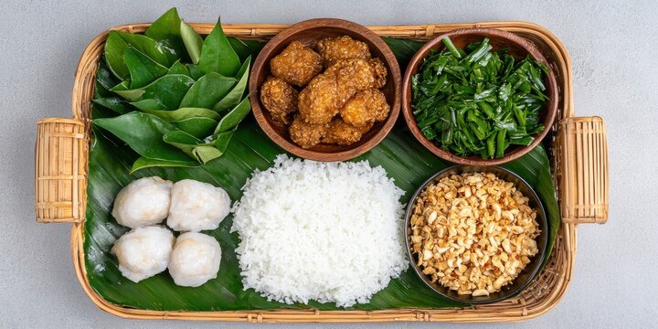 Wooden tray with fresh vegetables mushrooms spinach tofu and rice on grey surface arranged for healthy cooking with top down natural lighting
