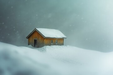 A quaint wooden cabin enveloped in heavy snowfall, conveying a serene and dreamlike winter retreat amidst nature's embrace.