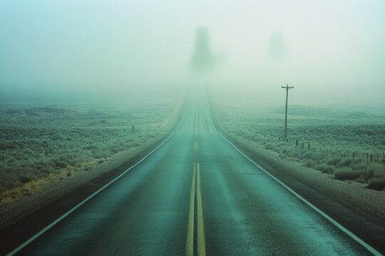 A foggy road stretches into the horizon under a misty sky, encapsulating serene isolation and the poetic vastness of an unknown journey.