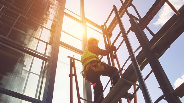 Construction worker climbing steel ladder at construction site during sunset with sunlight illuminating the surroundings and creating a dramatic atmosphere