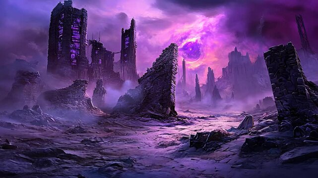 Crumbling city ruins under dramatic purple sky with smoke and debris covering abandoned post disaster wasteland

