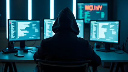Step into a high-tech hacker workspace designed for cinematic projects, digital content creation, and futuristic design needs. This realistic hacker scene features a dark and moody environment,