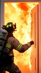 Firefighter battling blaze while entering building during emergency response to fire incident