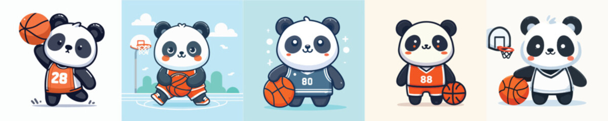 cute panda vector collection playing basketball
