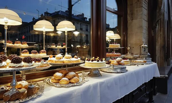 Parisian pastry shop window display with cakes and desserts.