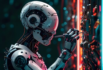 Fototapeta premium A humanoid robot is intently working on intricate machinery in a brightly lit environment filled with neon lights. The focus is on precision and detail, showcasing advanced technology.