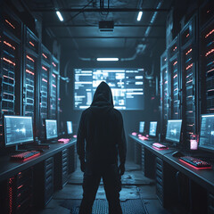 Step into a high-tech hacker workspace designed for cinematic projects, digital content creation, and futuristic design needs. This realistic hacker scene features a dark and moody environment,