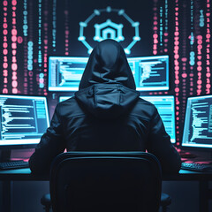 Step into a high-tech hacker workspace designed for cinematic projects, digital content creation, and futuristic design needs. This realistic hacker scene features a dark and moody environment,