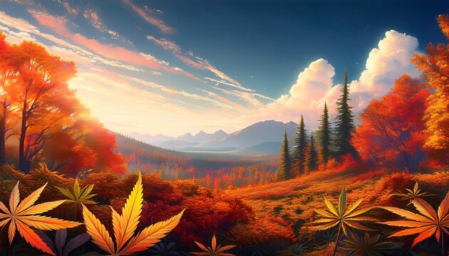 fall stoner aesthetic anime 420 weed background with autumn colors