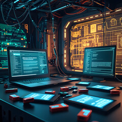 Step into a high-tech hacker workspace designed for cinematic projects, digital content creation, and futuristic design needs. This realistic hacker scene features a dark and moody environment,