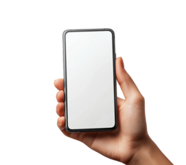 Hand holding smartphone mobile device tech isolated on transparent background, png